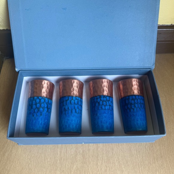 Marquesa de Mancera Other - Marquesa de Mancera Copper Shot Glass Set 4pc Blue Hammered Excellent Artisanal